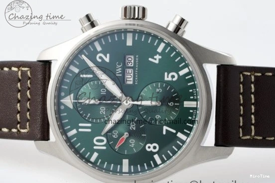 MIROTIME 0319 Bright Pilot Chrono SS AZF 1:1 Best Edition Green Dial on Brown Leather Strap A 7059